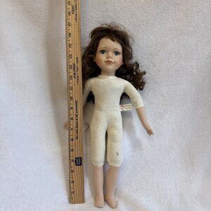 Artmark Porcelain Doll Brown‎ Curly Hair Blue Eyes Jointed Body DEFECTIVE